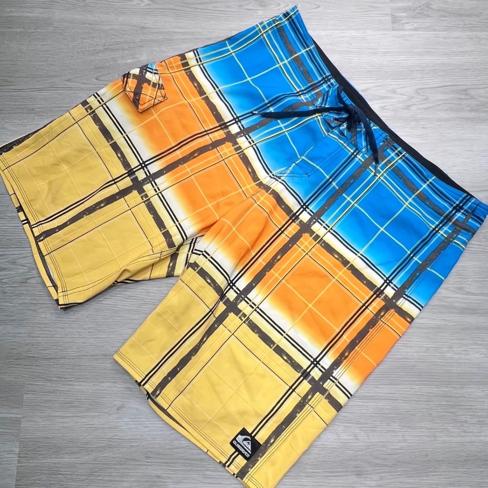 Quiksilver Cypher Diamond Dobby Board Shorts Mens Plaid Blue Orange Yellow *Lrg